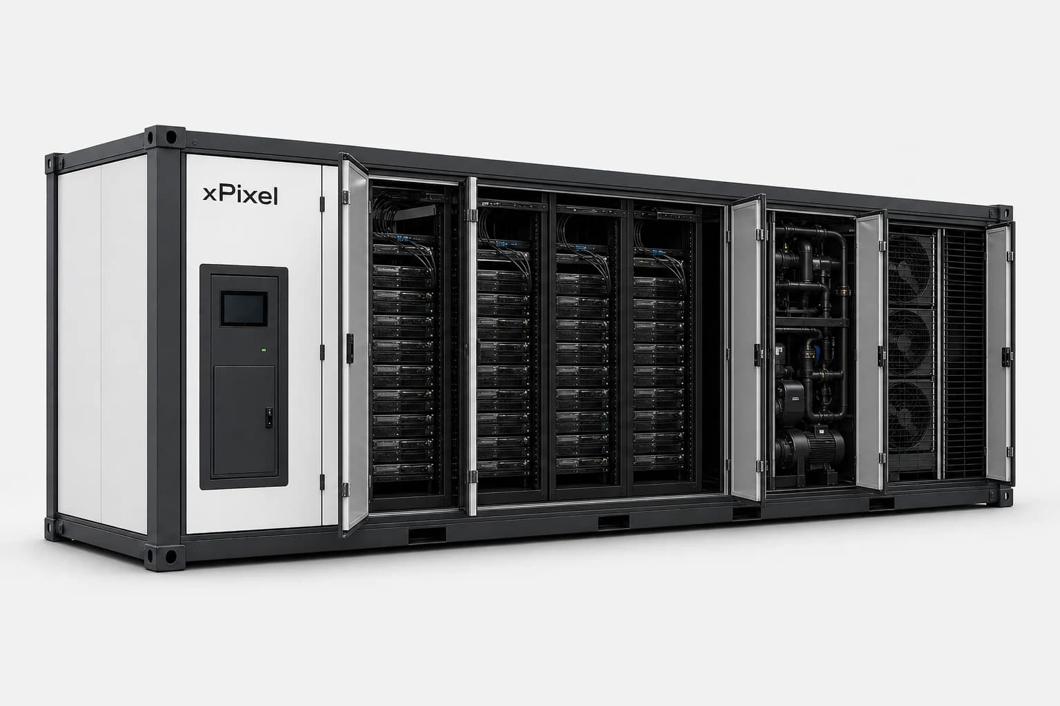 Vista conceptual de una ComputeCell abierta: racks, distribución eléctrica y zona térmica integrados en una unidad