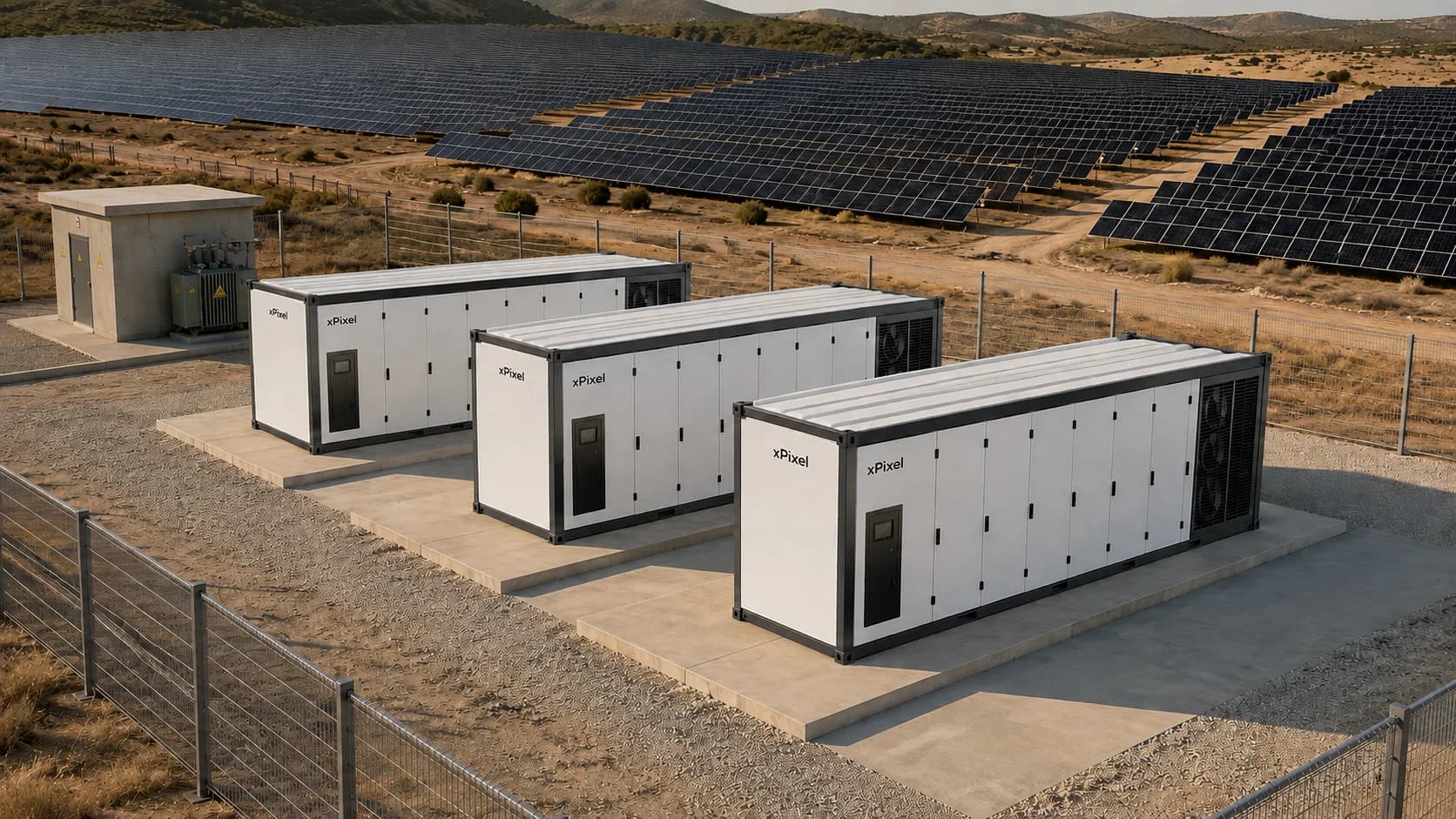 Visualización conceptual aérea de unidades xPixel ComputeCell junto a una planta solar fotovoltaica